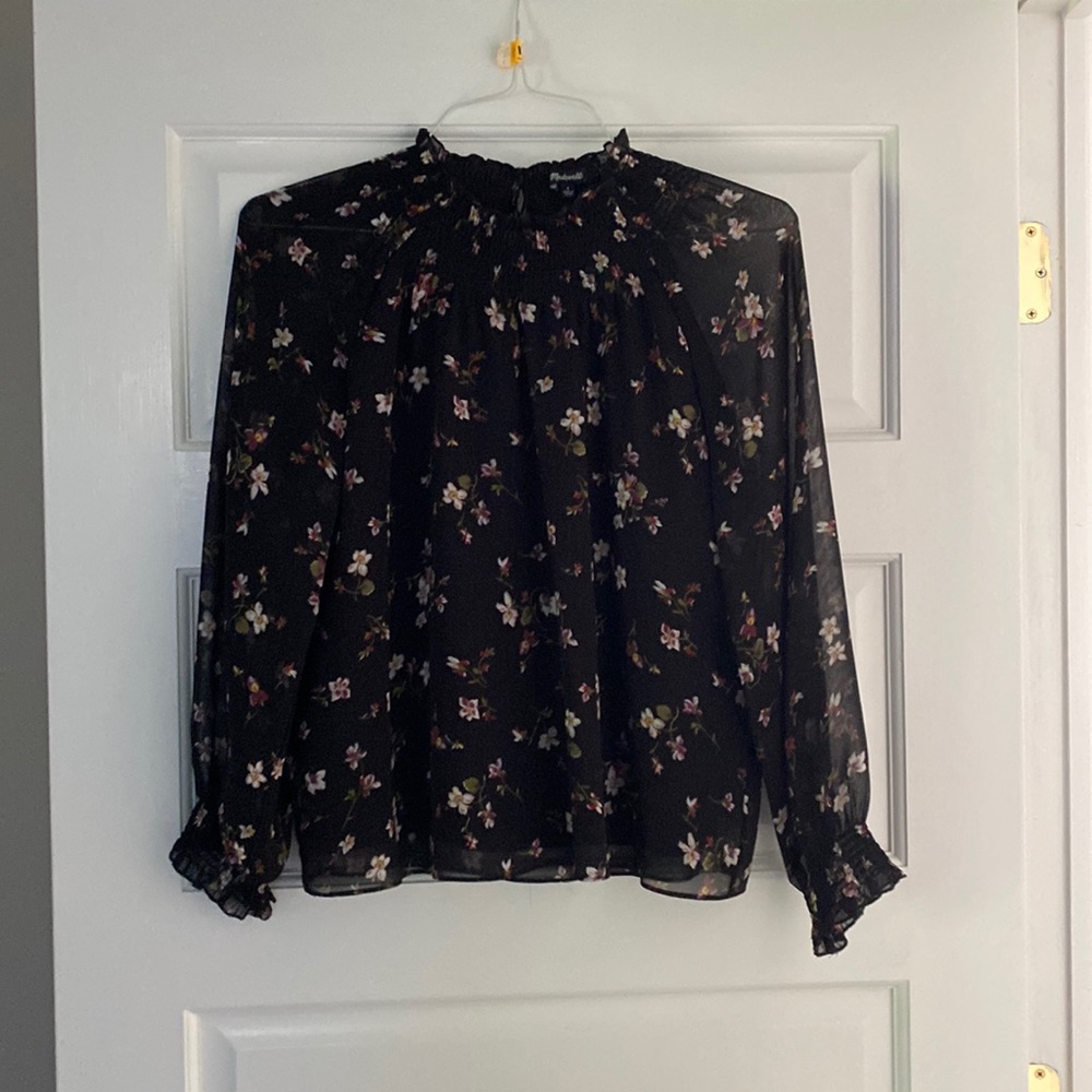 Madewell S Black Printed Top with Sheer Arms